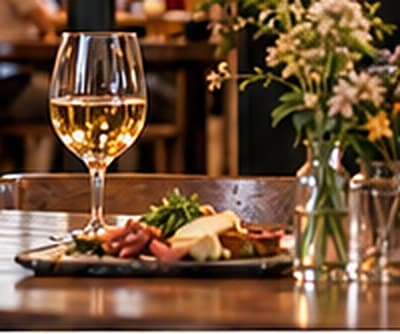 Une assiette à partager et un verre de vin blanc sur une table en bois.