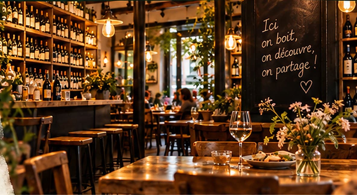 La salle du bar, ses tables en bois et ses étagères de bouteilles.